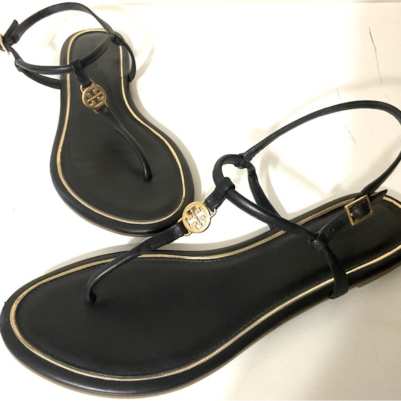 TORY BURCH Emmy T-strap Flat Sandals & dust bag Black 8 1/2 - Picture 2 of 16